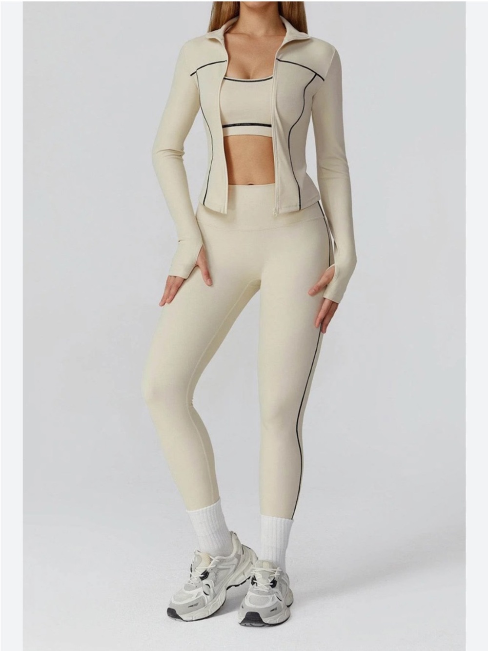 High-Rise Cream Seamless Leggings with Contrast Piping